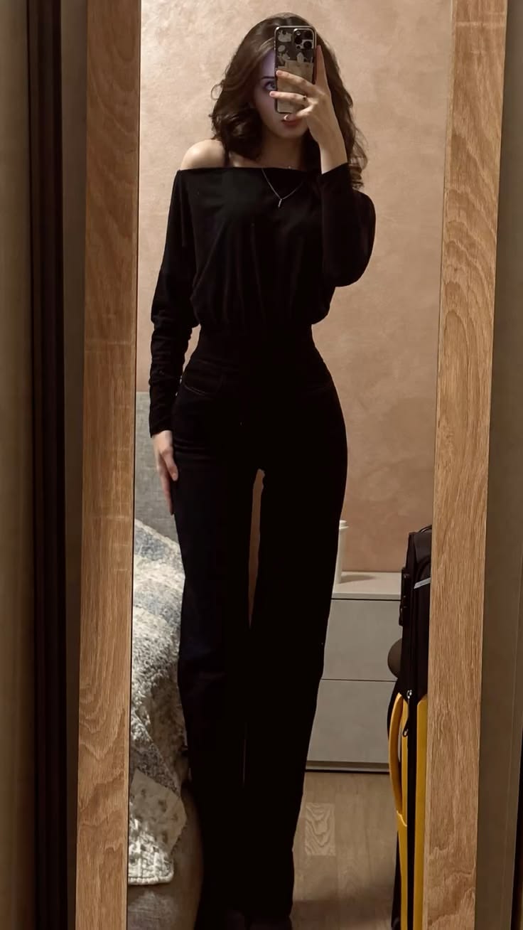 20 Dark Feminine Outfits That Make Looking Dangerous So Chic - 18. Off-Shoulder Jumpsuit With a Softly Dangerous Line 1