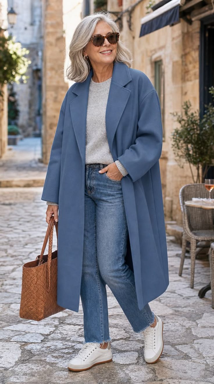 20 Elegant Winter Outfits for Women Over 50 That Look Timeless and Sophisticated - 1. Soft Blue Coat, Silver Knit, and White Sneakers 1