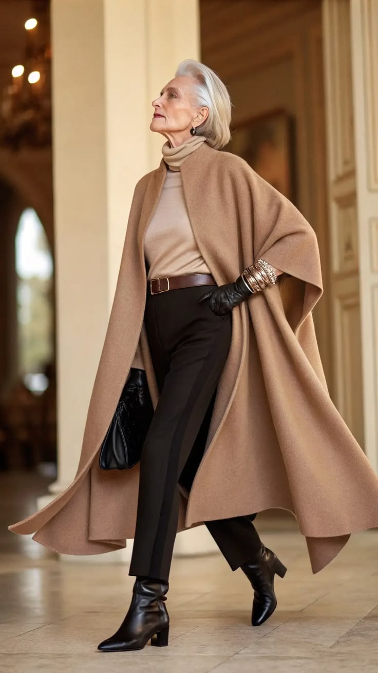 20 Elegant Winter Outfits for Women Over 50 That Look Timeless and Sophisticated - 10. The Statement Cape with Slim Black Trousers 1