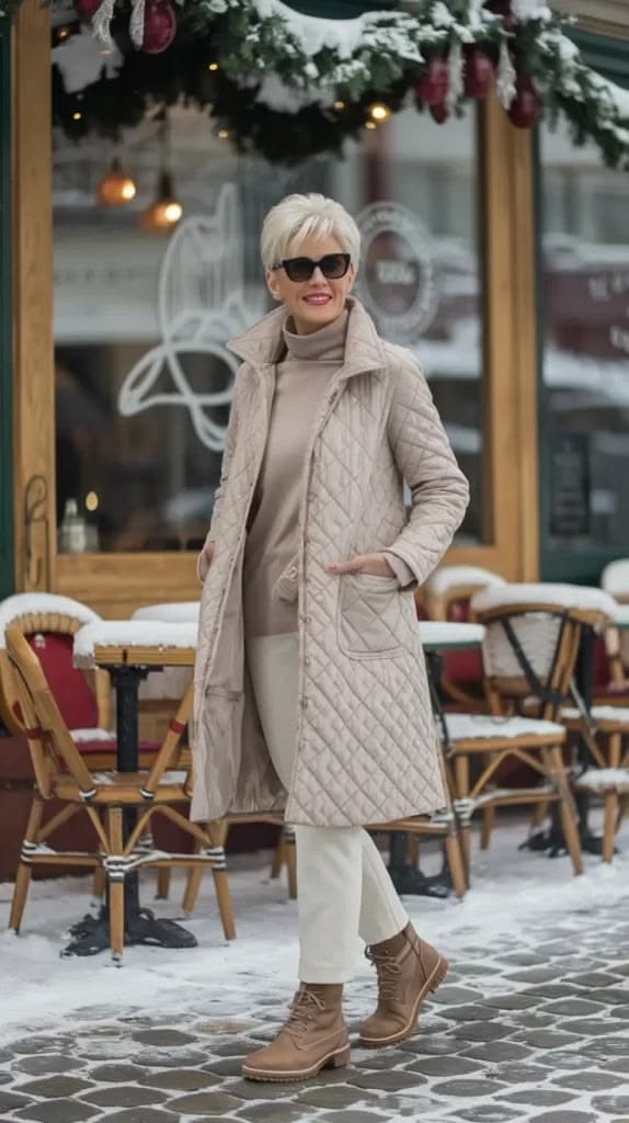 20 Elegant Winter Outfits for Women Over 50 That Look Timeless and Sophisticated - 12. Quilted Coat and Cream Winter Boots 1