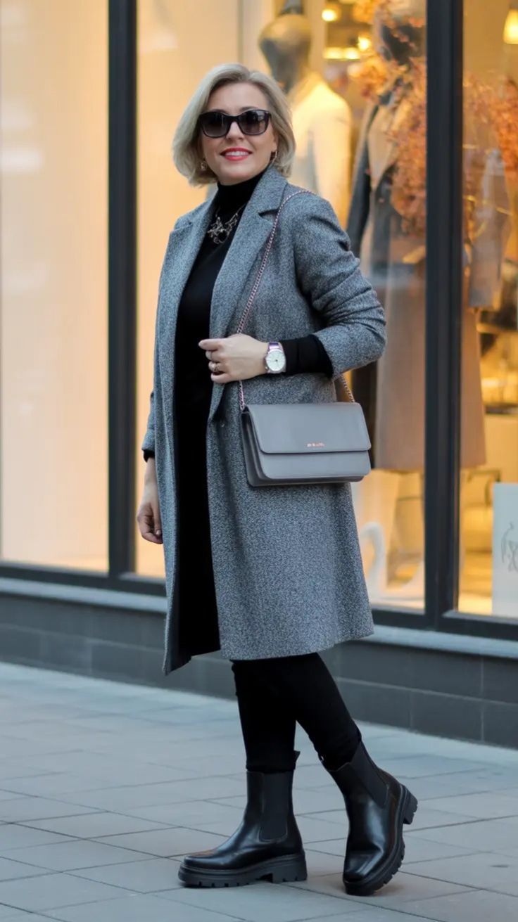 20 Elegant Winter Outfits for Women Over 50 That Look Timeless and Sophisticated - 14. Gray Wool Coat with a Black Dress and Lug Boots 1