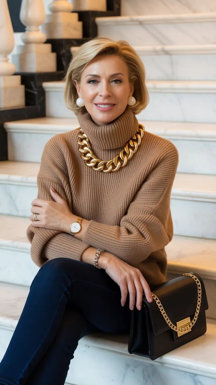 20 Elegant Winter Outfits for Women Over 50 That Look Timeless and Sophisticated - 16. Camel Turtleneck with a Bold Gold Chain 1
