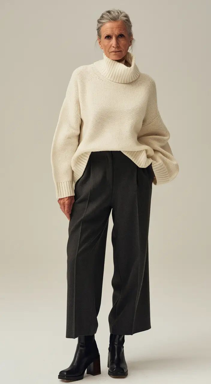 20 Elegant Winter Outfits for Women Over 50 That Look Timeless and Sophisticated - 20. Cream Turtleneck with Cropped Black Trousers 1