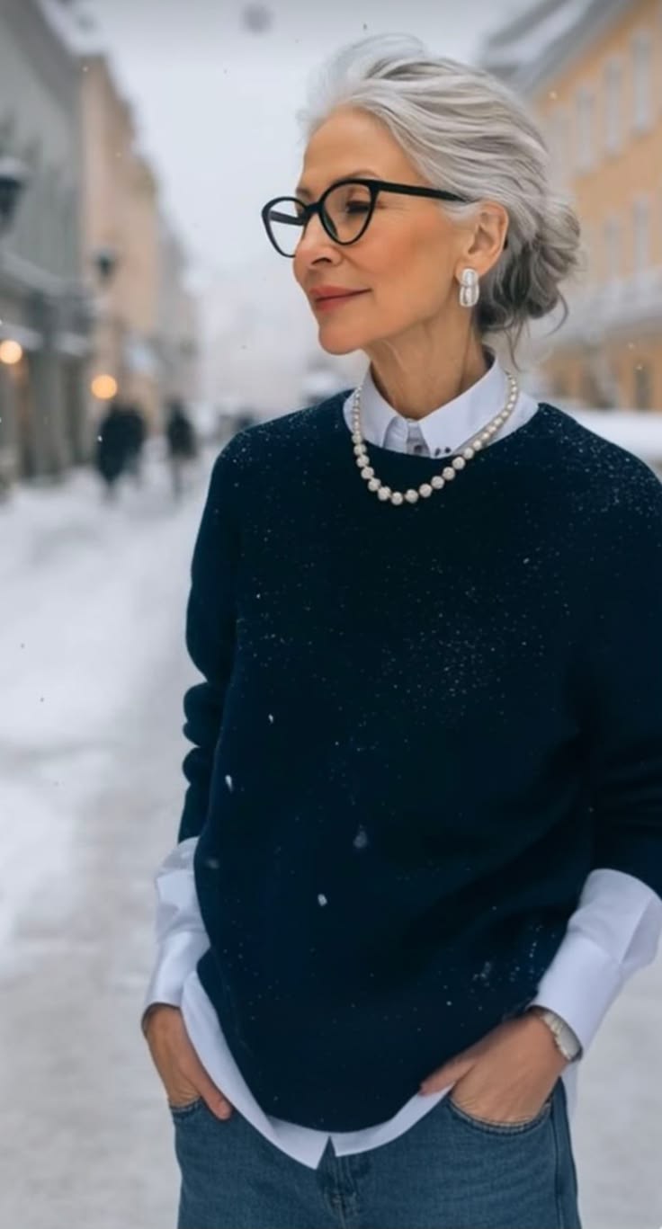 20 Elegant Winter Outfits for Women Over 50 That Look Timeless and Sophisticated - 3. Navy Knit and Crisp White Shirt 1