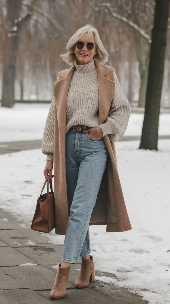 20 Elegant Winter Outfits for Women Over 50 That Look Timeless and Sophisticated - 4. Camel Sleeveless Coat with a Cozy Turtleneck 1