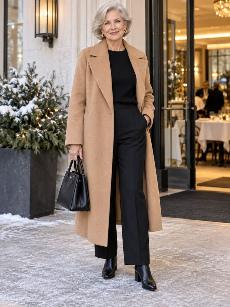 20 Elegant Winter Outfits for Women Over 50 That Look Timeless and Sophisticated - 8. Camel Coat and Tailored Black Trousers for Dinner 1