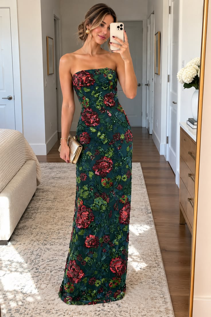 20 Fall Floral Wedding Guest Dresses for a Romantic Autumn Look - 10. Emerald Strapless Floral Column 1