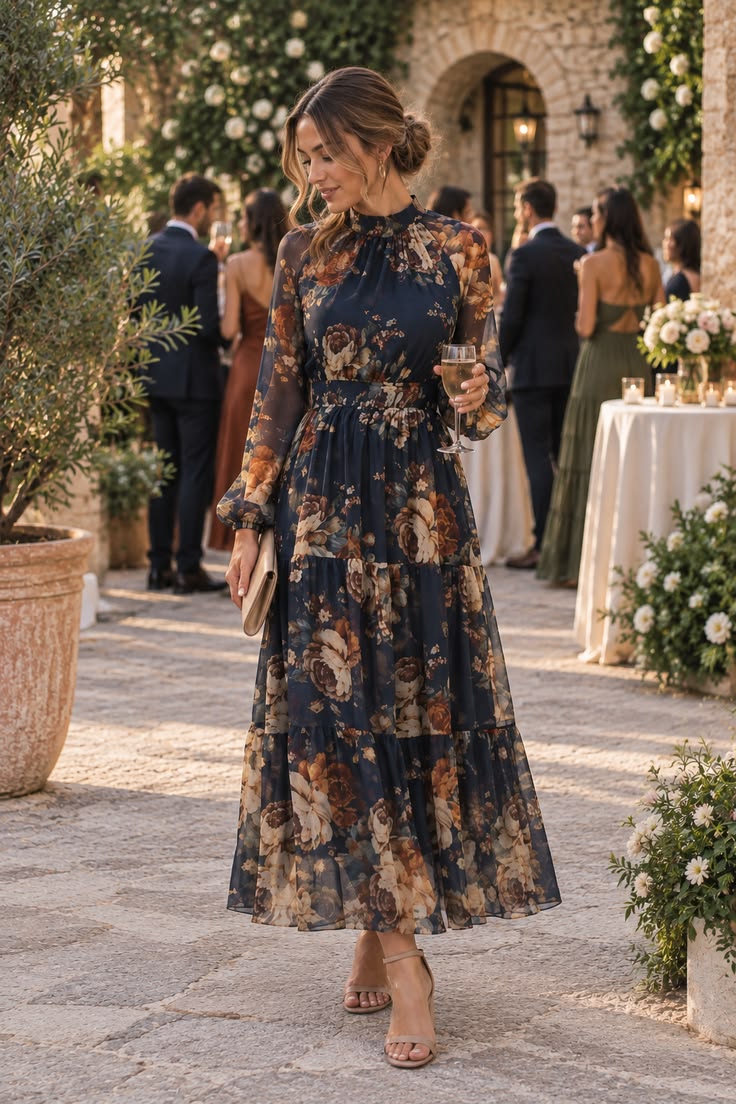 20 Fall Floral Wedding Guest Dresses for a Romantic Autumn Look - 11. Navy Tiered Garden Midi 1