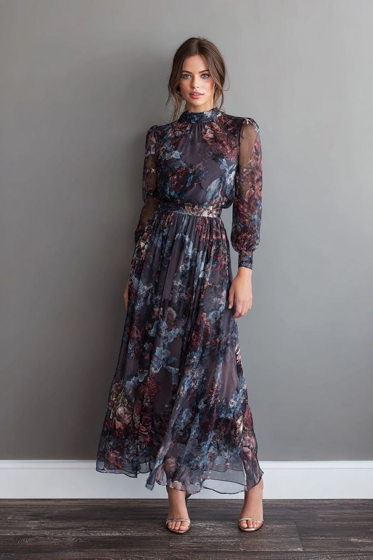 20 Fall Floral Wedding Guest Dresses for a Romantic Autumn Look - 2. Midnight Garden Sheer-Sleeve Maxi 1