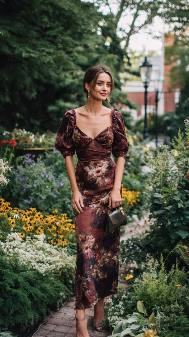 20 Fall Floral Wedding Guest Dresses for a Romantic Autumn Look - 4. Garden Party Puff Sleeves 1