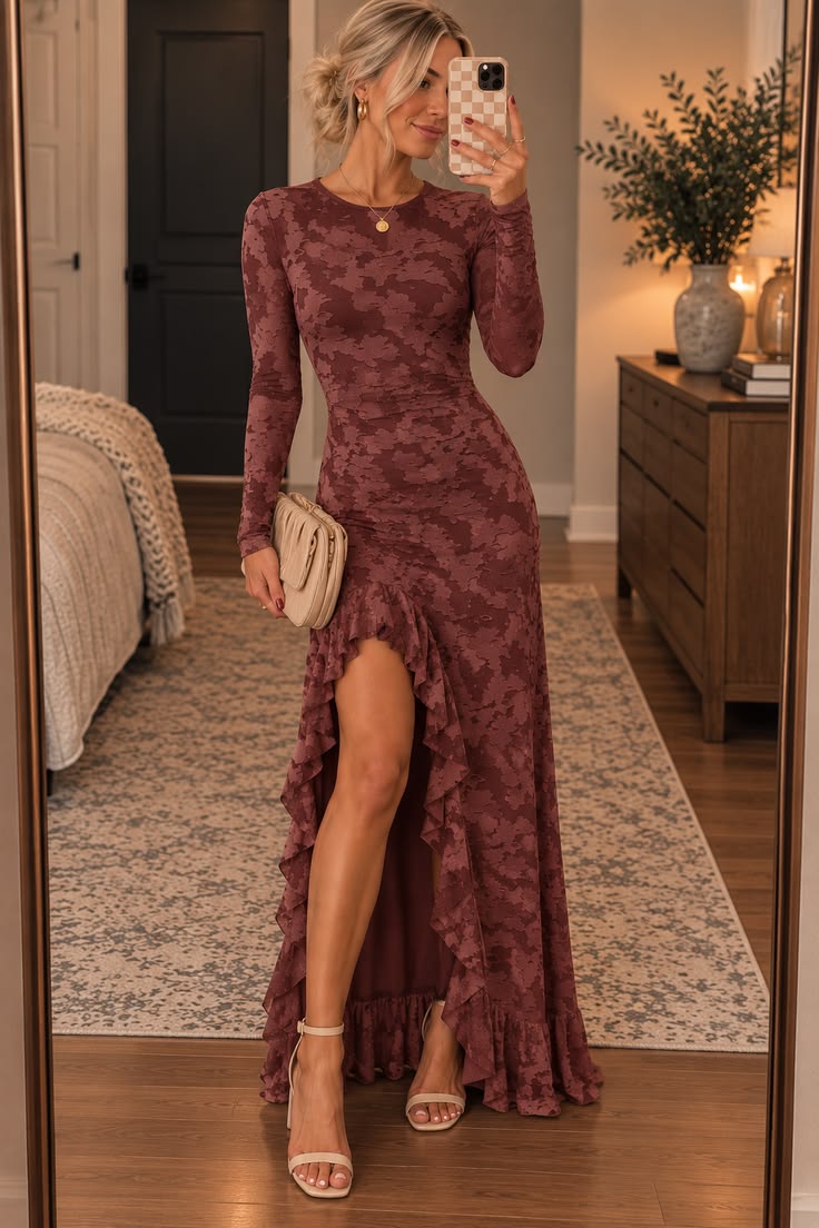 20 Fall Floral Wedding Guest Dresses for a Romantic Autumn Look - 5. Merlot Long-Sleeve Slip with a Flutter Hem 1