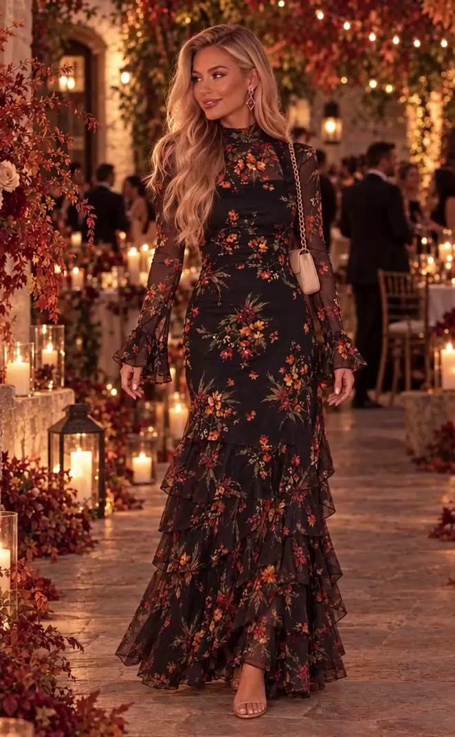20 Fall Floral Wedding Guest Dresses for a Romantic Autumn Look - 9. Black Floral Ruffle Evening Dress 1