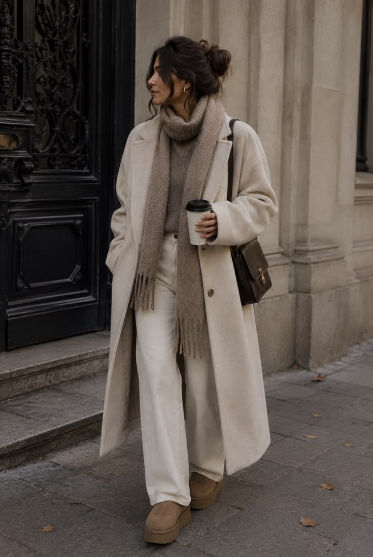 20 “I Just Threw This On” Winter Outfits That Look Anything But Random - 13. Cream-on-Cream Layers with a Taupe Scarf 1
