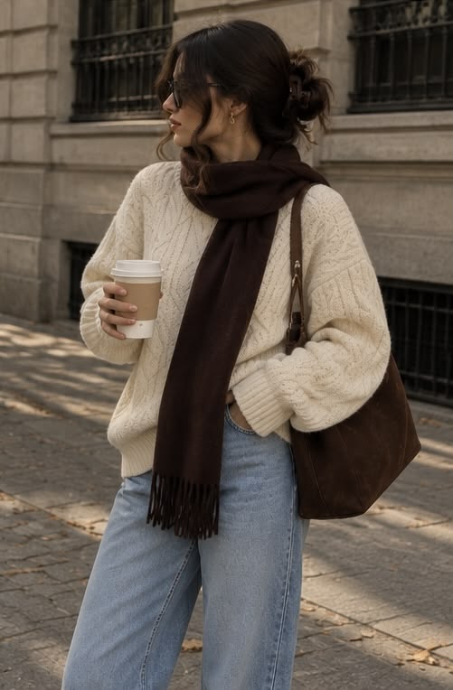 20 “I Just Threw This On” Winter Outfits That Look Anything But Random - 15. Cream Cable Knit, Dark Jeans, and a Chocolate Scarf 1