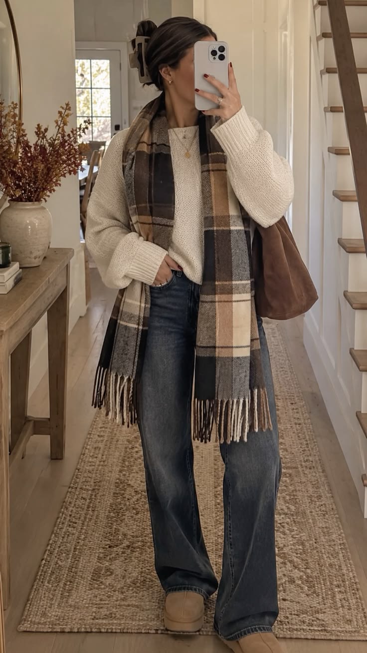 20 “I Just Threw This On” Winter Outfits That Look Anything But Random - 16. Plaid Scarf, Cream Sweater, and Dark Denim 1