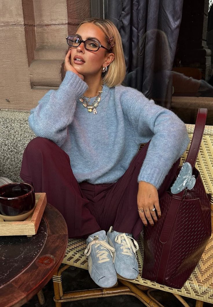 20 “I Just Threw This On” Winter Outfits That Look Anything But Random - 18. Powder Blue Knit with Burgundy Trousers 1