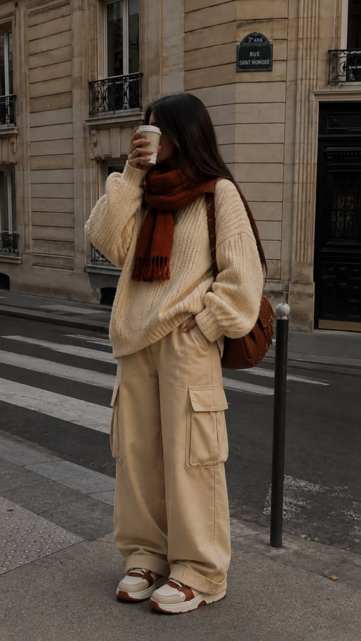 20 “I Just Threw This On” Winter Outfits That Look Anything But Random - 4. Cream Knit, Rust Scarf, and Relaxed Cargo Pants 1