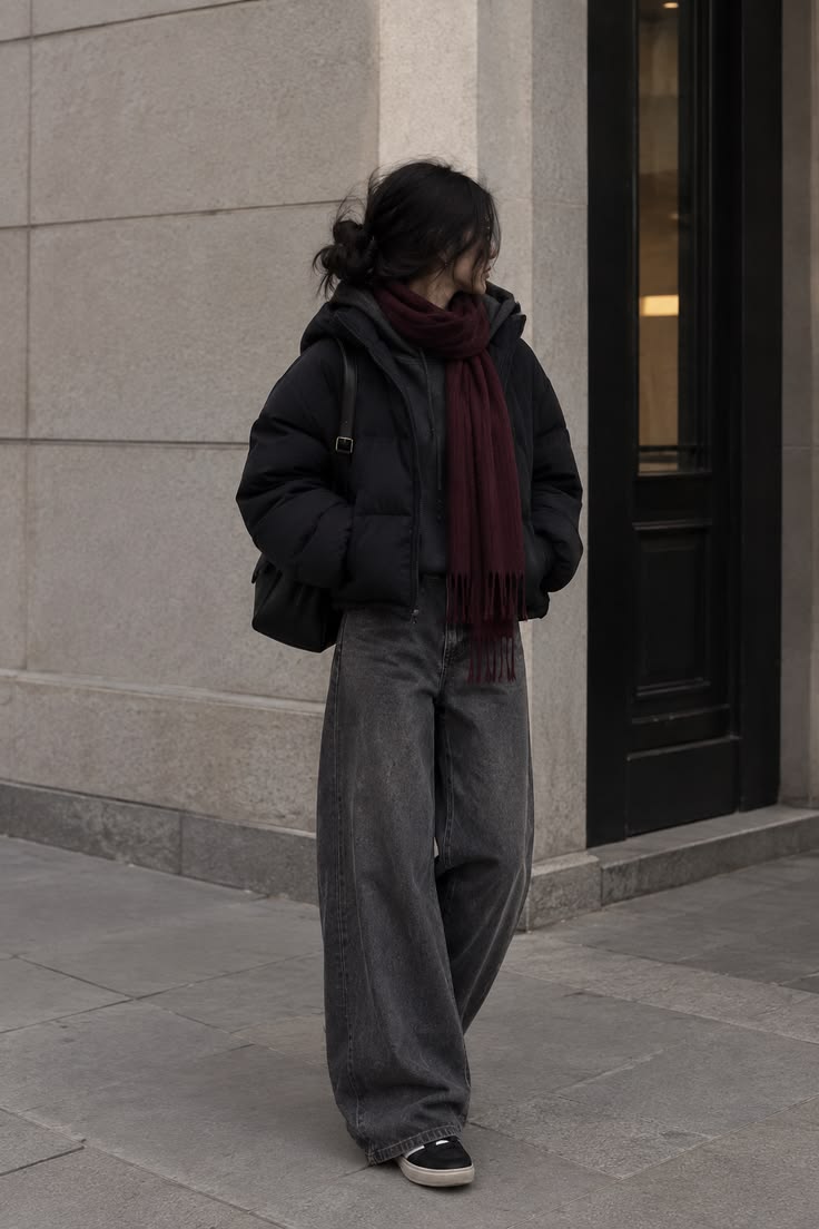 20 “I Just Threw This On” Winter Outfits That Look Anything But Random - 5. A Charcoal Puffer with a Burgundy Scarf Twist 1