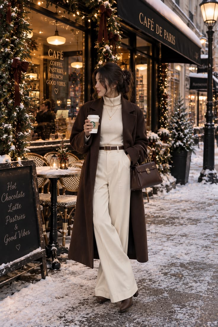 20 “I Just Threw This On” Winter Outfits That Look Anything But Random - 7. The Long Brown Coat and Cream Turtleneck Combination 1