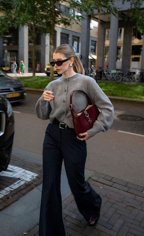 20 Luxury Winter Street Style Outfits That Look Straight Out of a Fashion Editorial - 11. Gray Cardigan, Pinstripes, and a Berry Bag 1