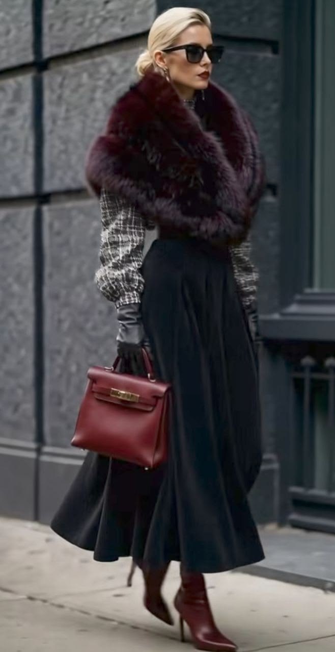 20 Luxury Winter Street Style Outfits That Look Straight Out of a Fashion Editorial - 18. Burgundy Fur Collar with a Pleated Black Skirt 1