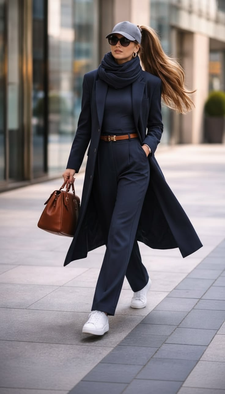 20 Luxury Winter Street Style Outfits That Look Straight Out of a Fashion Editorial - 8. Navy Tailoring with White Sneaker Ease 1