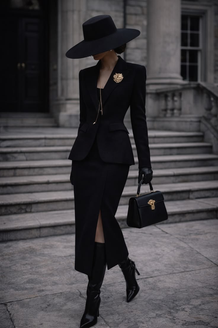 20 Mob Wife Outfits That Define the Boldest Fashion Trend of the Year (Look #20 Is Pure Luxury!) - 5. Black Tailoring with a Wide-Brim Hat 1