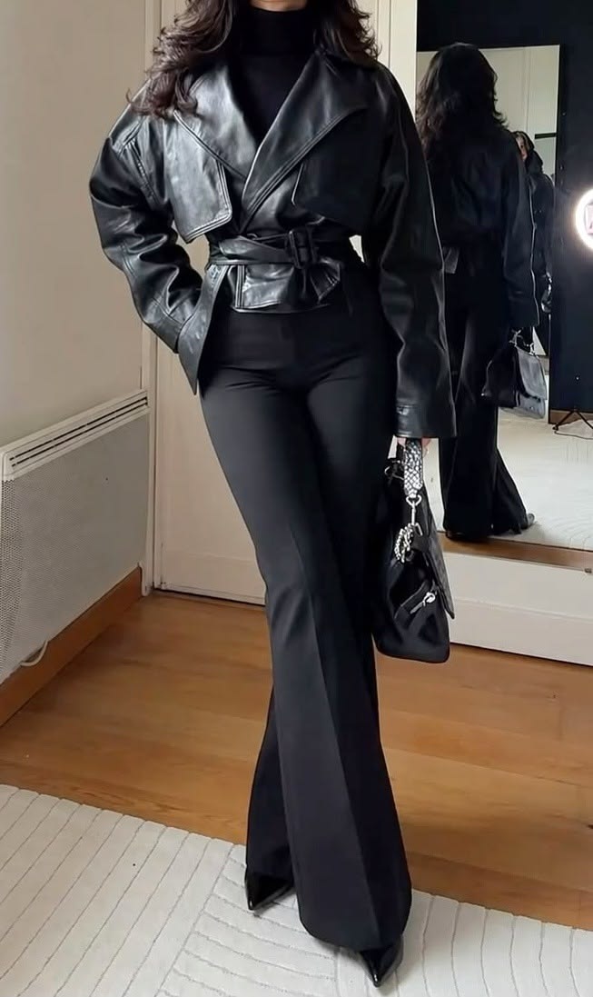 20 Mob Wife Outfits That Define the Boldest Fashion Trend of the Year (Look #20 Is Pure Luxury!) - 7. Cropped Leather and Floor-Skimming Flares 1