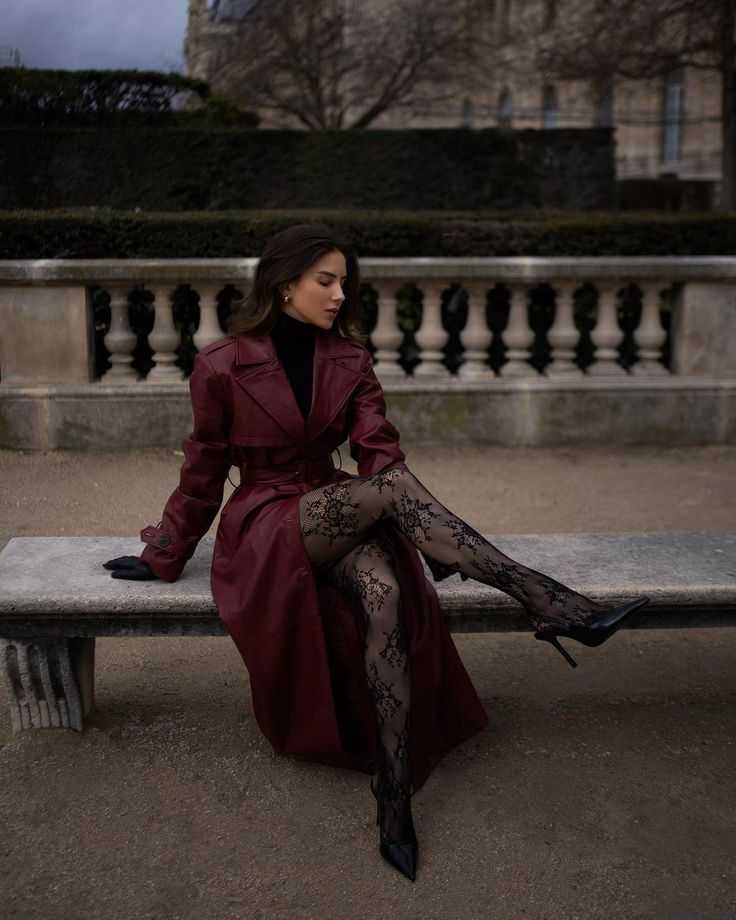 20 Mob Wife Outfits That Define the Boldest Fashion Trend of the Year (Look #20 Is Pure Luxury!) - 8. Burgundy Trench with Lace Statement Tights 1