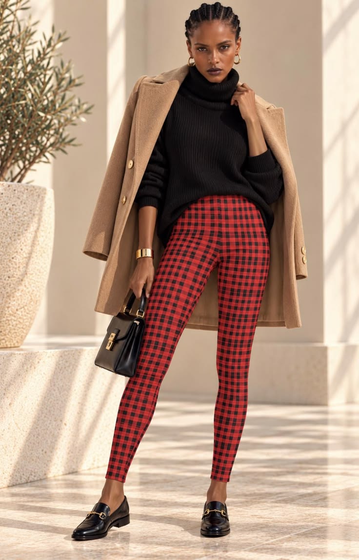 20 Multicolor Tartan Plaid Leggings Outfits That Will Make Every Look Instantly Bolder - 12. Red Mini-Check with Camel Coat and Loafers 1