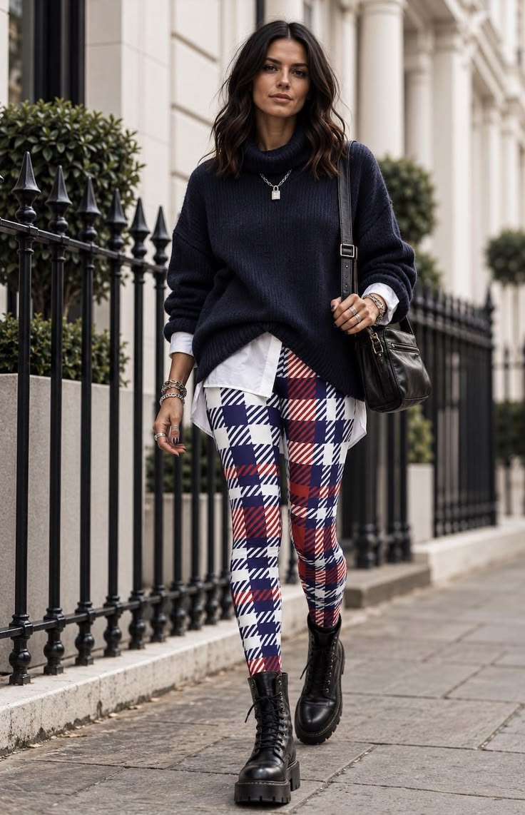 20 Multicolor Tartan Plaid Leggings Outfits That Will Make Every Look Instantly Bolder - 13. Navy Sweater with Red, White, and Blue Graphic Plaid 1