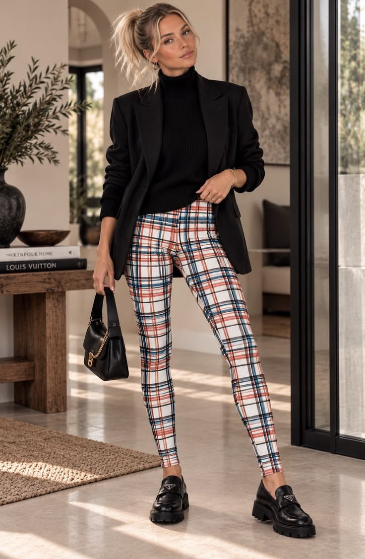 20 Multicolor Tartan Plaid Leggings Outfits That Will Make Every Look Instantly Bolder - 14. White-Based Plaid with a Black Blazer 1