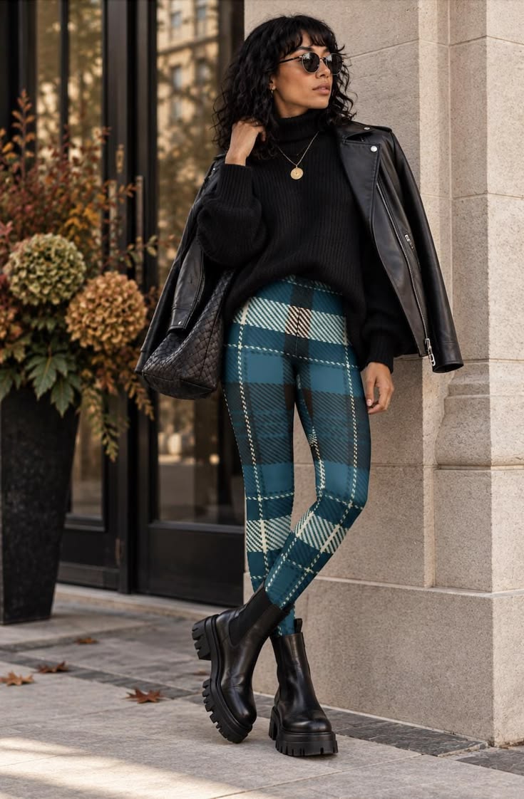 20 Multicolor Tartan Plaid Leggings Outfits That Will Make Every Look Instantly Bolder - 17. Teal Plaid with Leather and Lug Boots 1