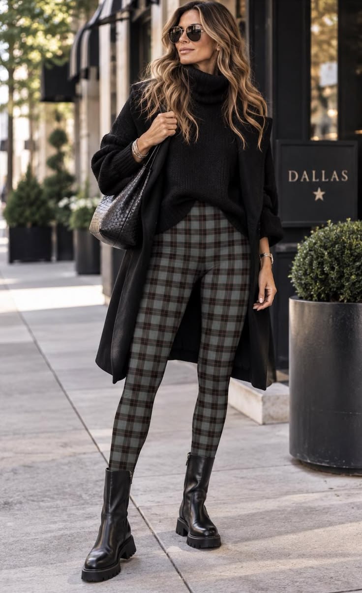 20 Multicolor Tartan Plaid Leggings Outfits That Will Make Every Look Instantly Bolder - 3. All-Black Layers Let Gray Plaid Do the Talking 1