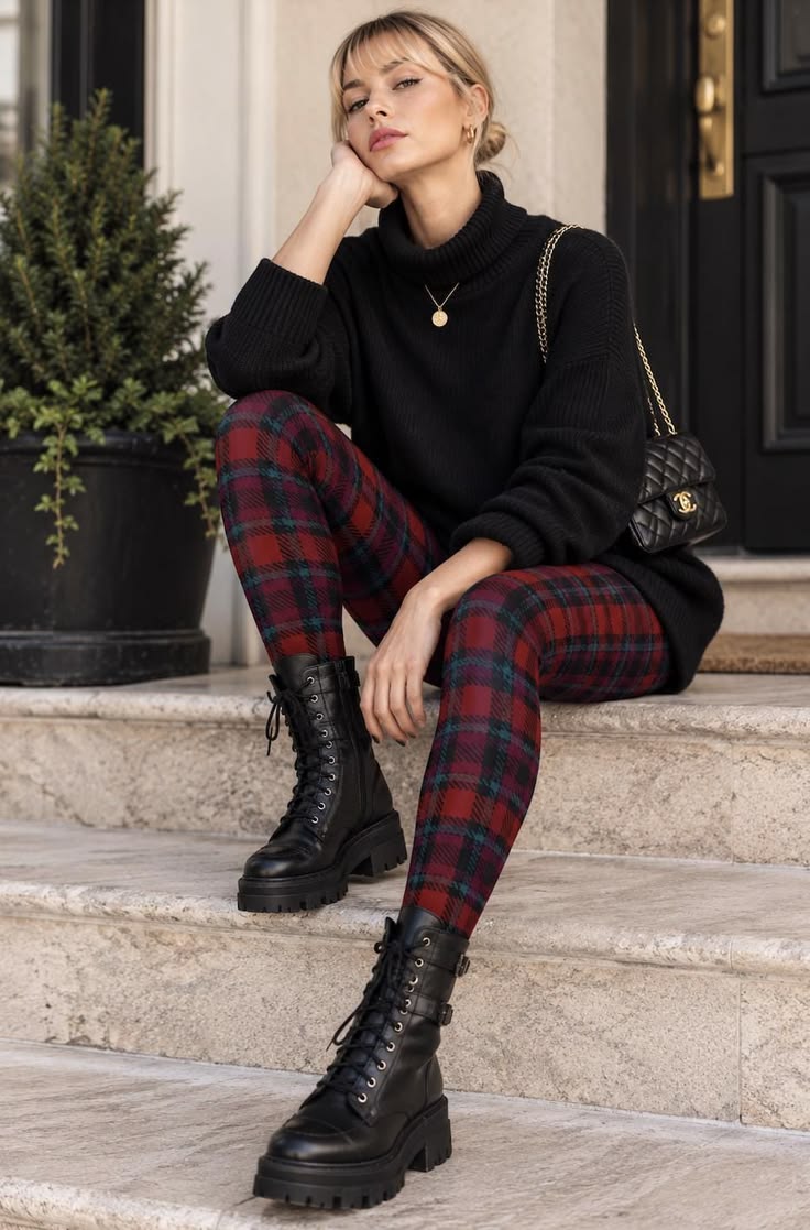 20 Multicolor Tartan Plaid Leggings Outfits That Will Make Every Look Instantly Bolder - 5. Burgundy Tartan with a Black Sweater and Combat Boots 1