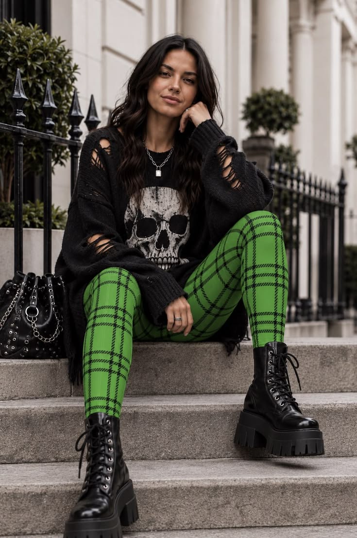 20 Multicolor Tartan Plaid Leggings Outfits That Will Make Every Look Instantly Bolder - 7. Electric Green Plaid with Punk Attitude 1