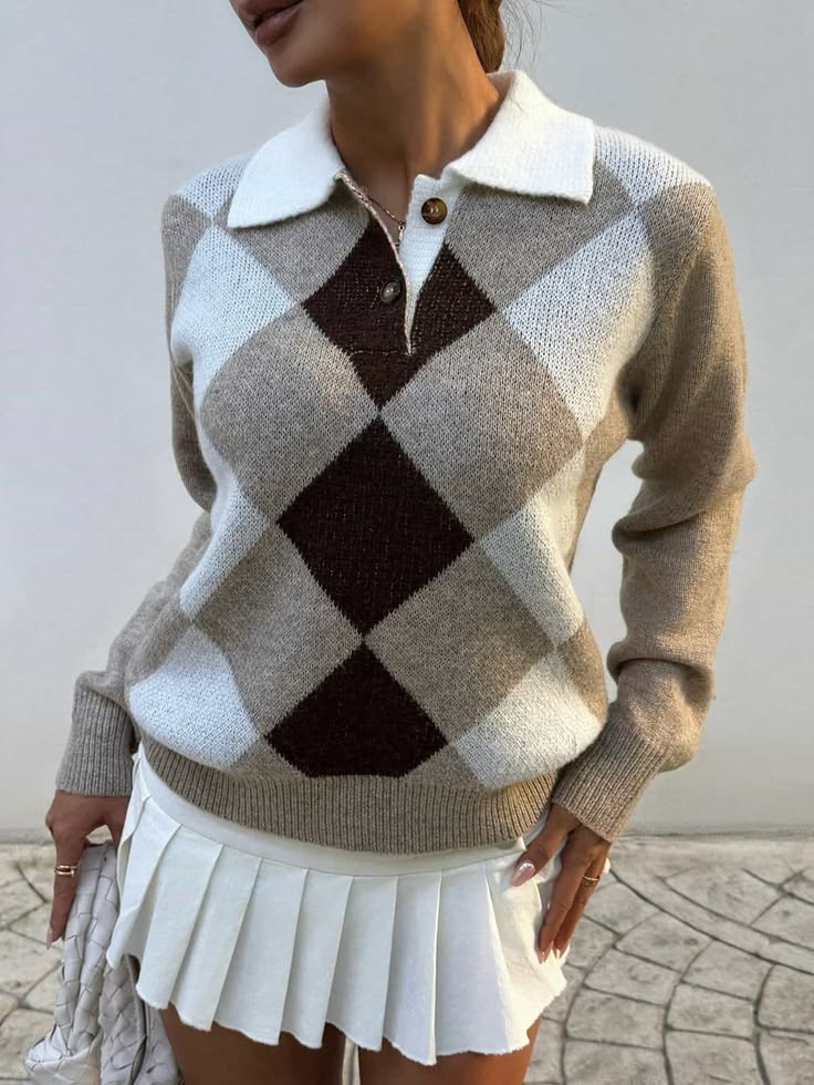20 Plaid Sweater Ideas That Bring Instant Classic Style to Any Outfit - 15. Soft Neutral Argyle with a White Pleated Skirt 1