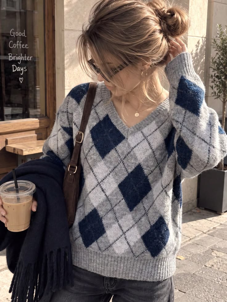 20 Plaid Sweater Ideas That Bring Instant Classic Style to Any Outfit - 17. Coffee-Run Argyle with a Soft Gray Base 1