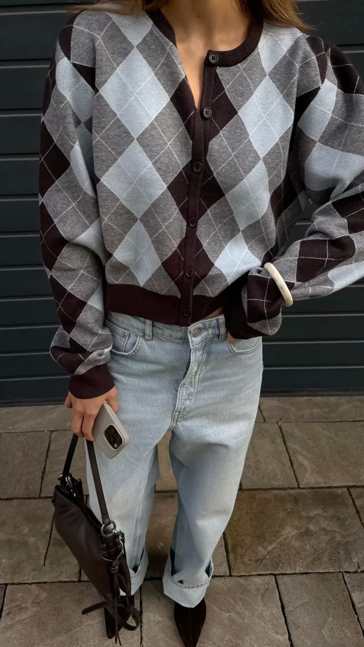 20 Plaid Sweater Ideas That Bring Instant Classic Style to Any Outfit - 4. The Cropped Argyle Cardigan That Makes Pale Denim Feel Fresh 1