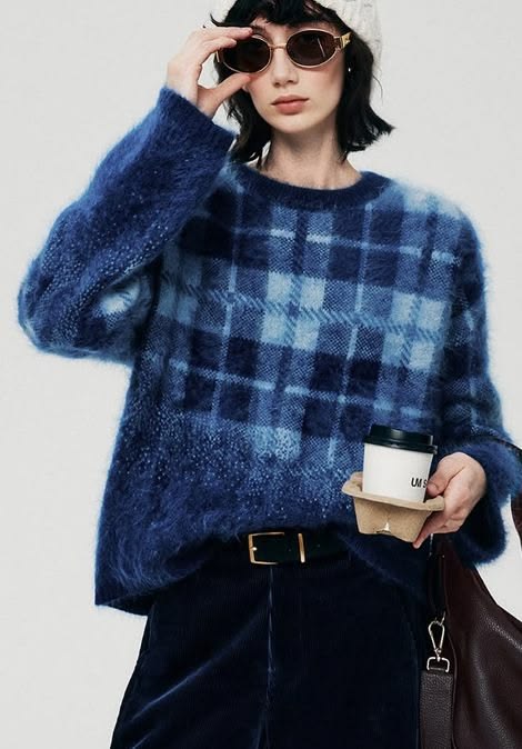 20 Plaid Sweater Ideas That Bring Instant Classic Style to Any Outfit - 5. Soft Blue Plaid with a Touch of Fuzzy Texture 1