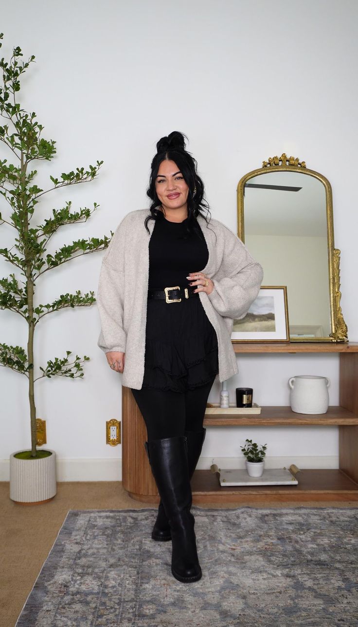 20 Plus Size Christmas Party Outfits That Bring the Glamour Without Compromise - 11. Little Black Ruffle Dress with Burgundy Boots 1