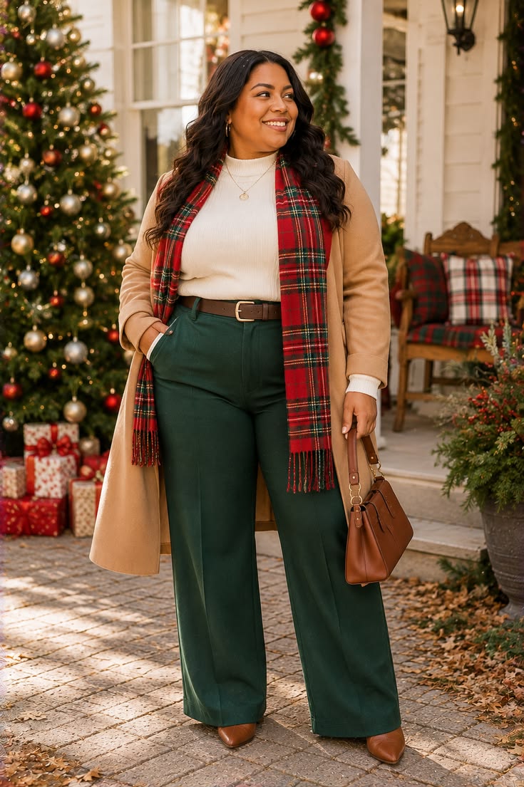 20 Plus Size Christmas Party Outfits That Bring the Glamour Without Compromise - 12. Forest Green Trousers, a Plaid Scarf, and a Camel Coat 1