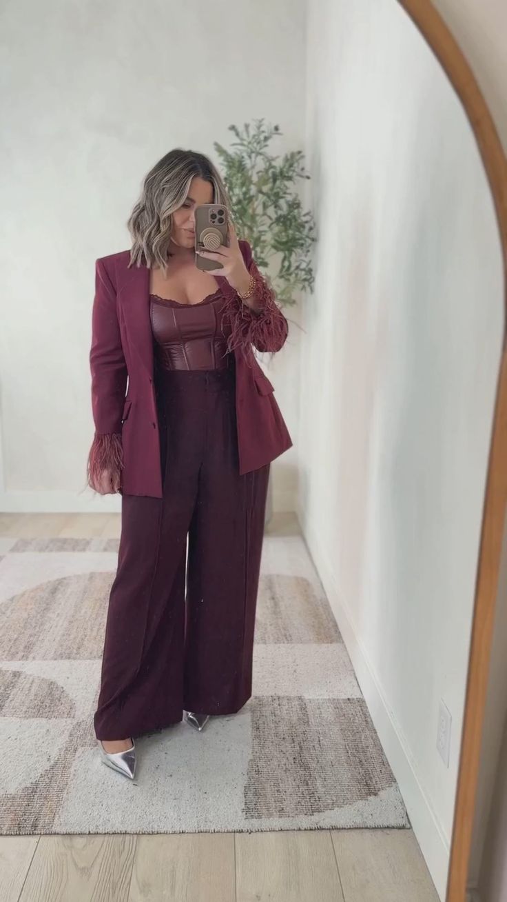 20 Plus Size Christmas Party Outfits That Bring the Glamour Without Compromise - 14. Burgundy Tailoring with a Satin Corset Camisole 1