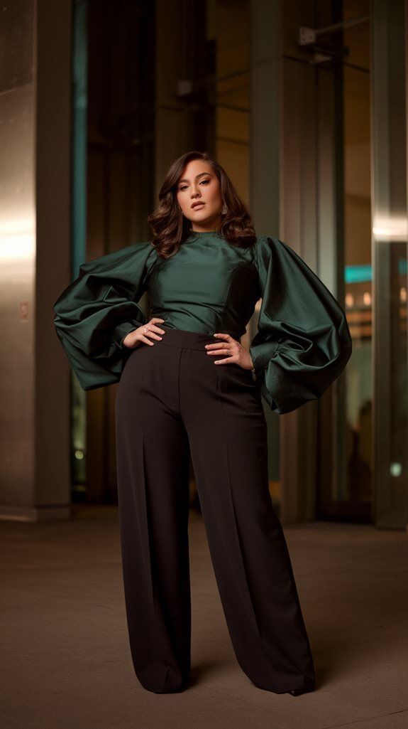 20 Plus Size Christmas Party Outfits That Bring the Glamour Without Compromise - 15. Emerald Puff-Sleeve Blouse with Wide Black Trousers 1