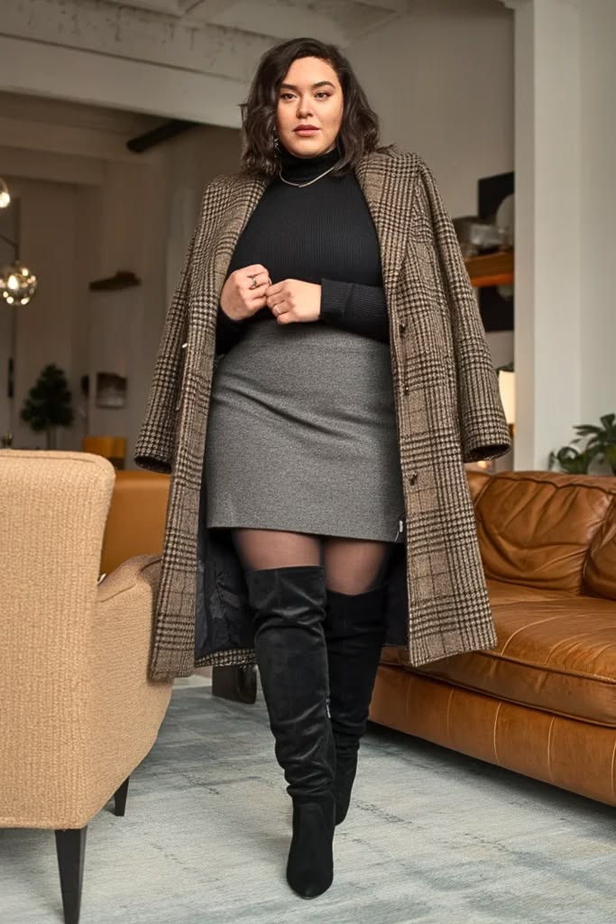 20 Plus Size Christmas Party Outfits That Bring the Glamour Without Compromise - 16. Gray Mini Skirt, Black Knit, and a Checked Coat 1