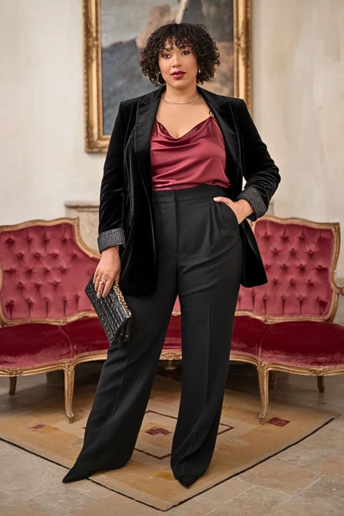 20 Plus Size Christmas Party Outfits That Bring the Glamour Without Compromise - 19. Satin Berry Camisole with Tailored Black Trousers 1