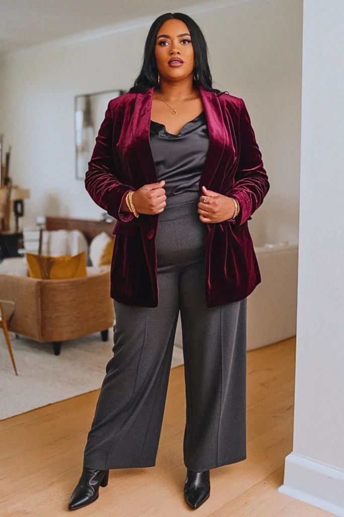 20 Plus Size Christmas Party Outfits That Bring the Glamour Without Compromise - 20. The Velvet Blazer and Charcoal Wide-Leg Power Look 1