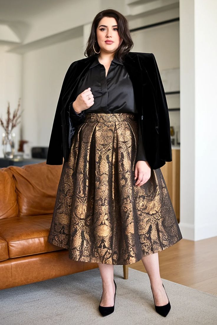 20 Plus Size Christmas Party Outfits That Bring the Glamour Without Compromise - 6. Gold Brocade Skirt with a Black Velvet Blazer 1