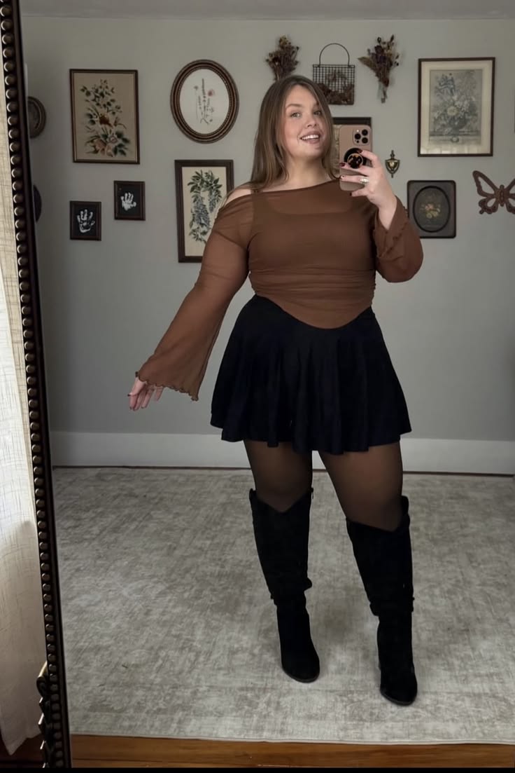20 Plus-Size Winter Club Outfits That Bring the Heat (Even on the Coldest Nights!) - 10. Sheer Brown Top and a Flirty Black Skirt 1