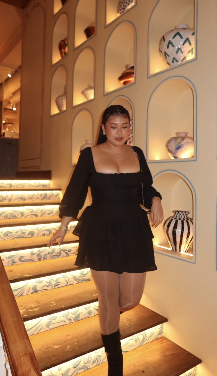 20 Plus-Size Winter Club Outfits That Bring the Heat (Even on the Coldest Nights!) - 15. A Square-Neck Black Dress for Warm Indoor Glow 1